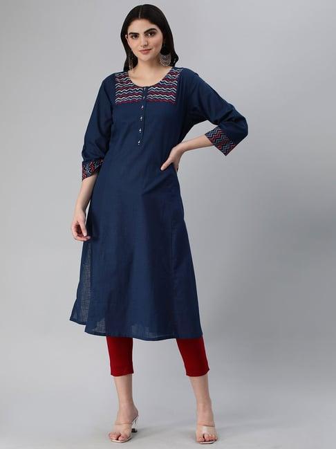 kami kubi blue embroidered a line kurta