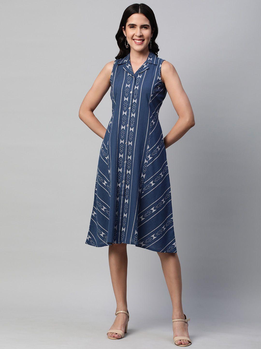 kami kubi blue ethnic motifs print a-line midi dress