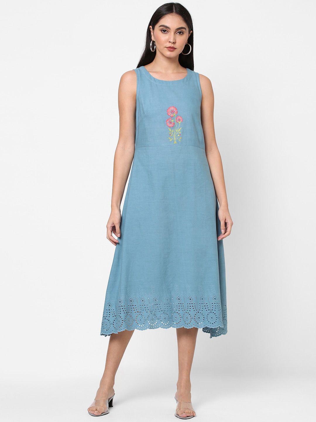 kami kubi blue floral a-line midi dress