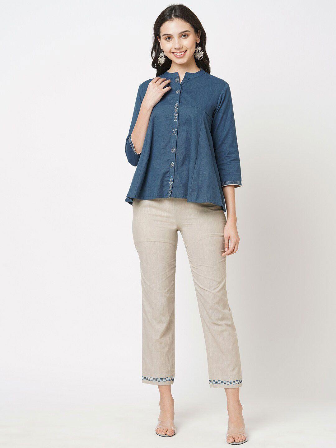 kami kubi blue mandarin collar top