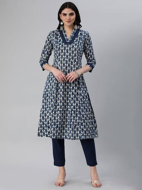 kami kubi blue printed a line kurta