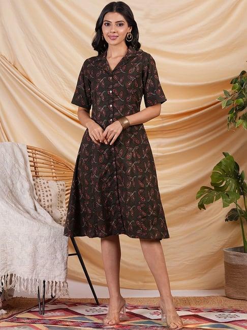 kami kubi brown cotton printed a-line dress