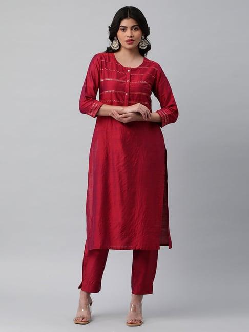 kami kubi dark pink embellished straight kurta