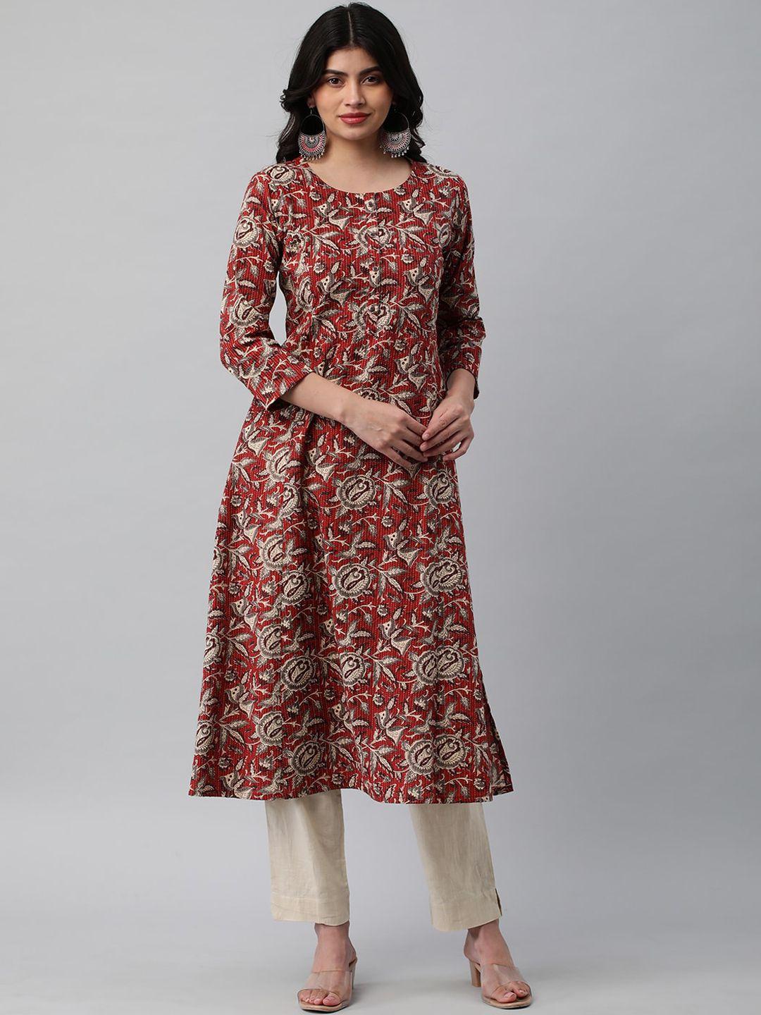 kami kubi ethnic motifs printed round neck thread work cotton a-line kurta