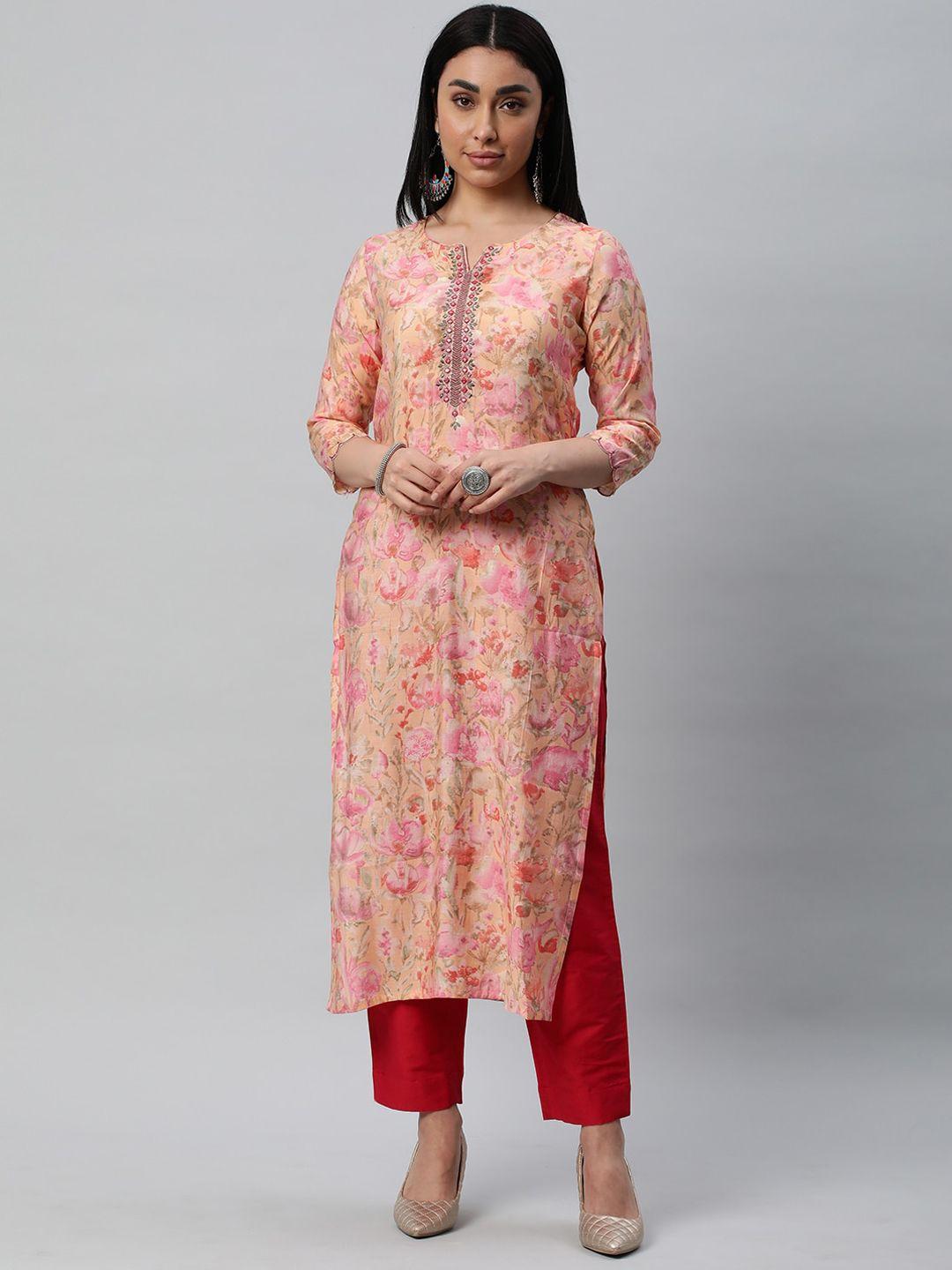 kami kubi floral printed round neck sequinned straight kurta