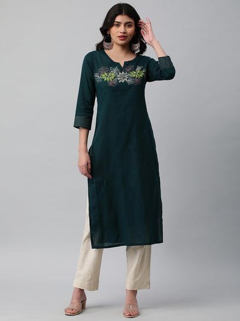 kami kubi green cotton embroidered straight kurta