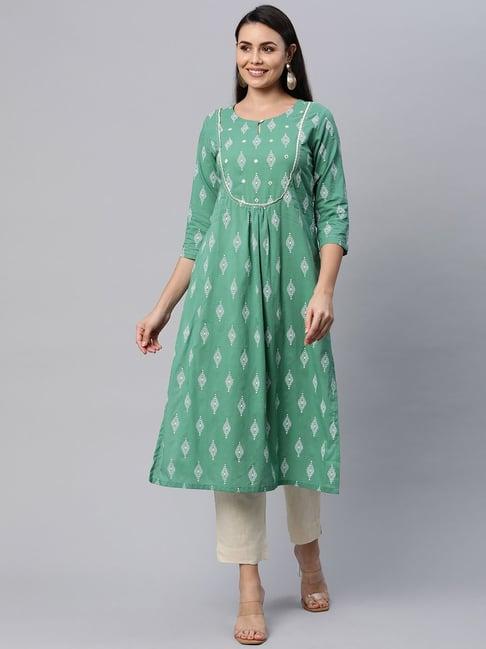 kami kubi green cotton printed straight kurta