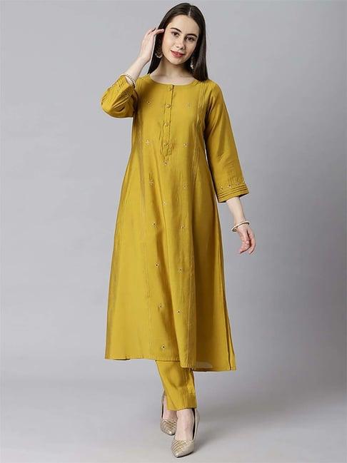 kami kubi green embellished a line kurta