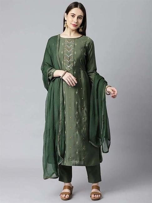 kami kubi green embroidered kurta pant set with dupatta