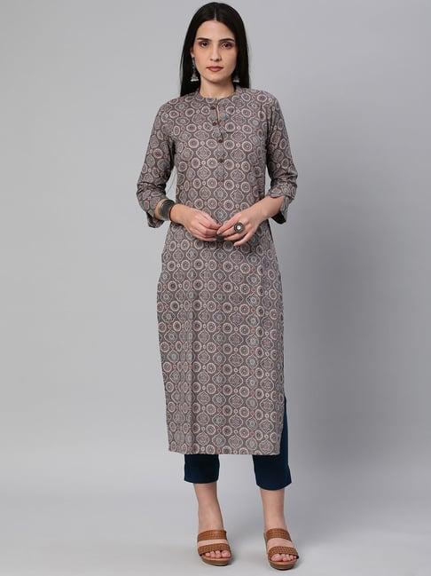 kami kubi grey cotton printed straight kurta