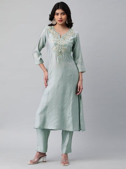 kami kubi light grey embroidered gotta patti a line kurta