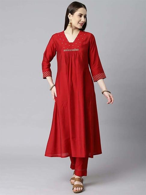 kami kubi maroon embroidered a line kurta