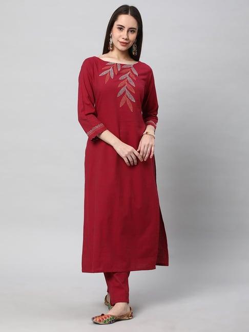 kami kubi maroon embroidered straight kurta