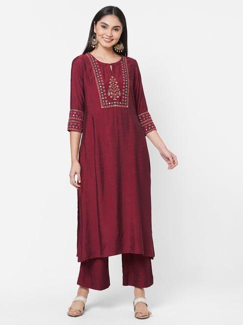 kami kubi maroon embroidered straight kurta