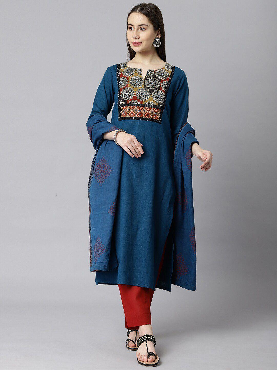 kami kubi navy blue & maroon printed unstitched dress material