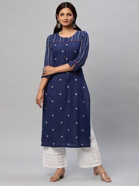 kami kubi navy cotton embroidered straight kurta