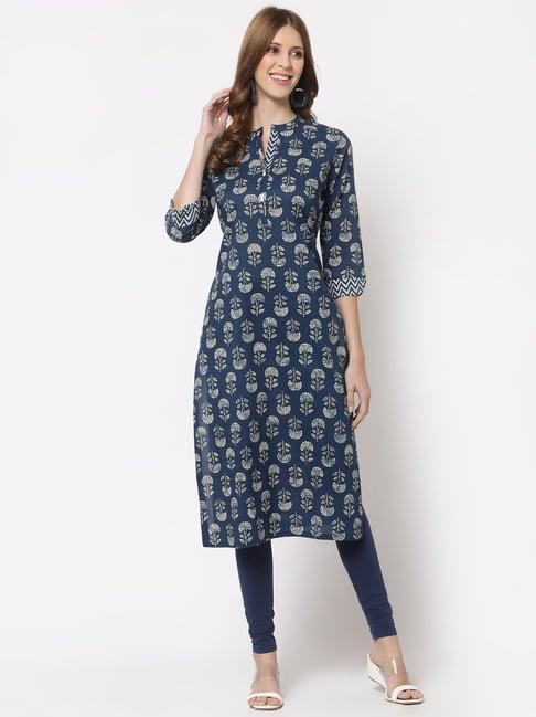 kami kubi navy cotton floral print straight kurta