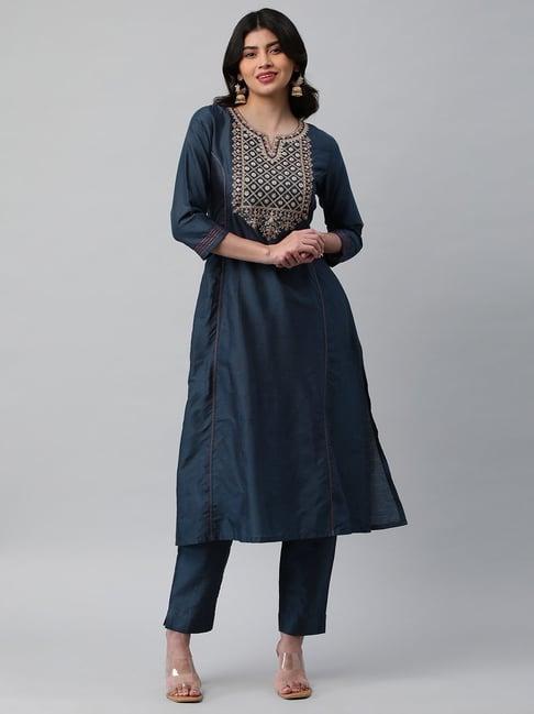 kami kubi navy embroidered a line kurta