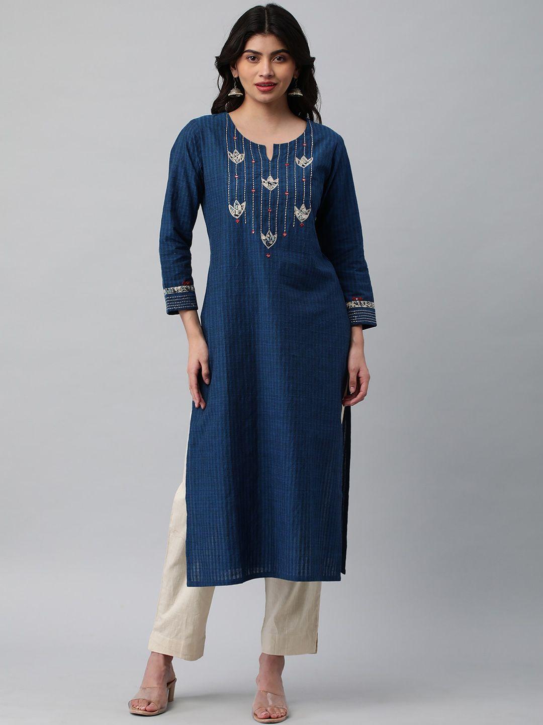 kami kubi notch neck floral embroidered cotton straight kurta