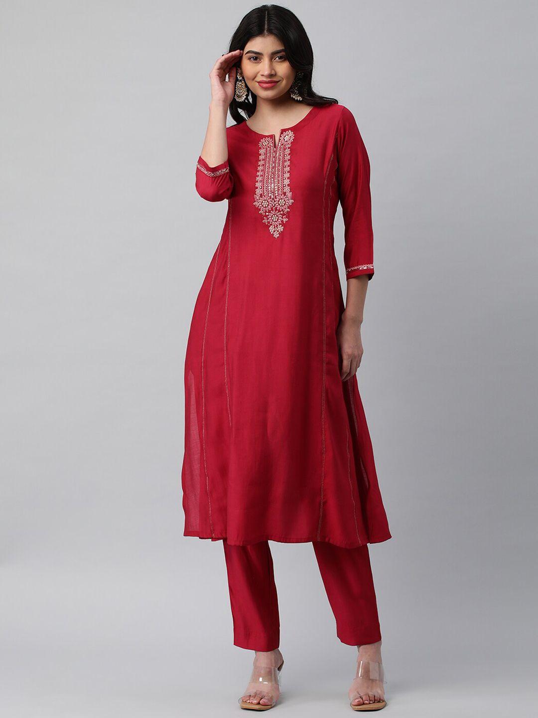 kami kubi notch neck floral embroidered yoke design a line kurta