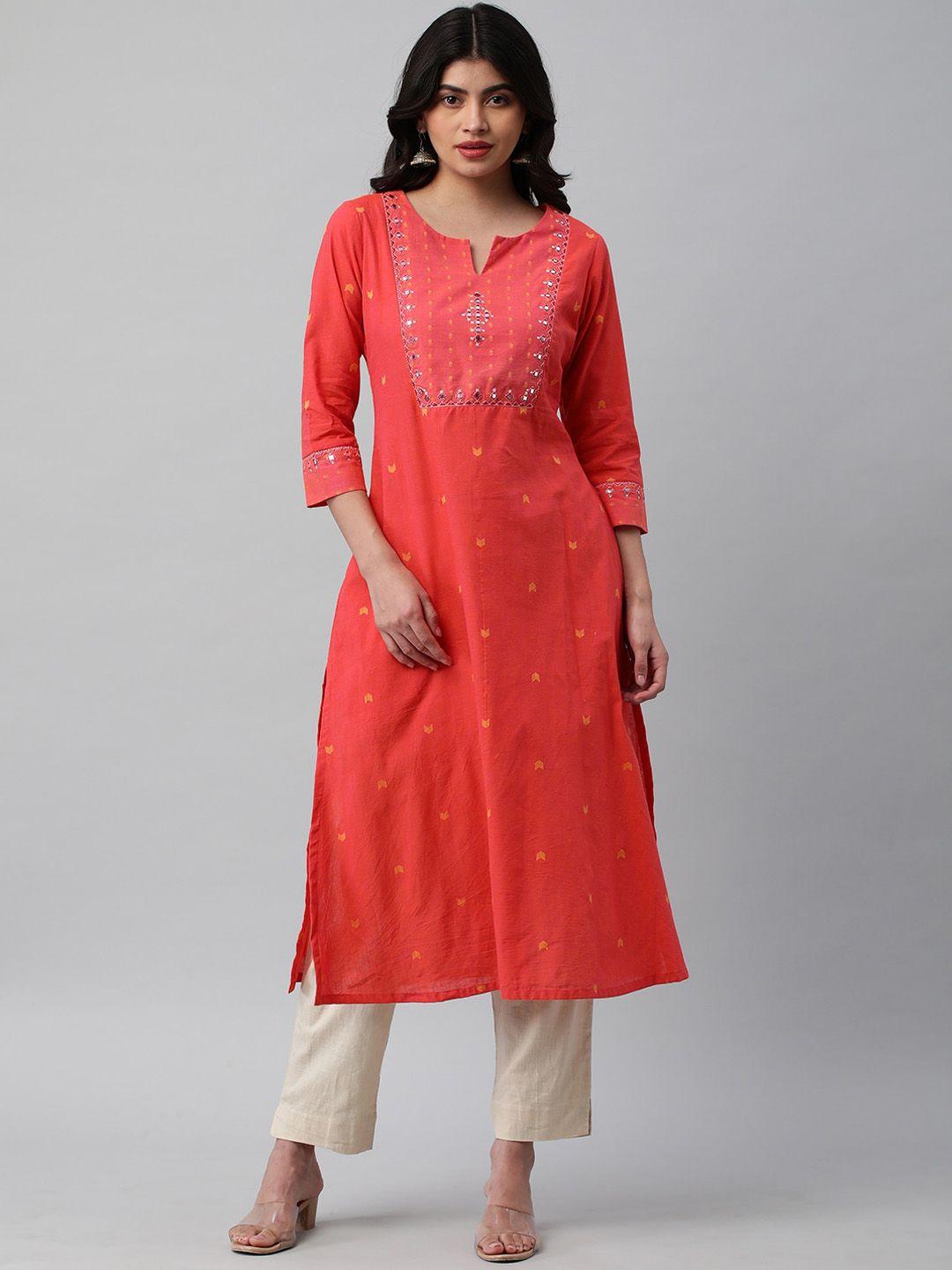 kami kubi notch neck geometric embroidered mirror work cotton anarkali kurta