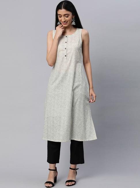 kami kubi off-white cotton printed a line kurta