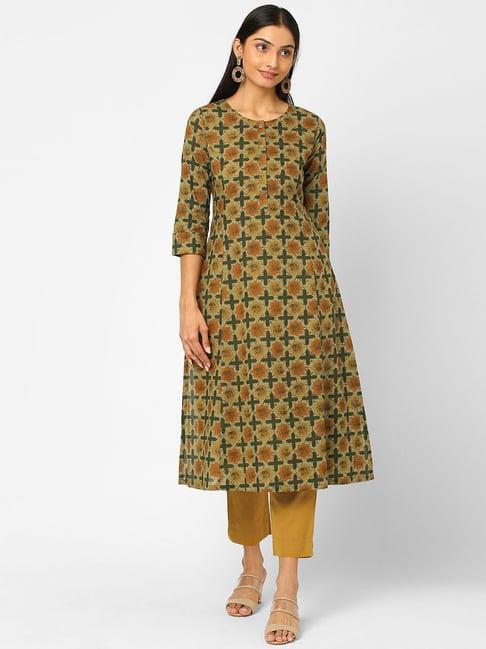 kami kubi olive green cotton printed a line kurta