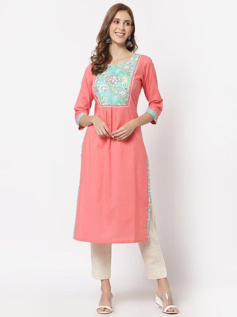 kami kubi peach & green cotton floral print straight kurta