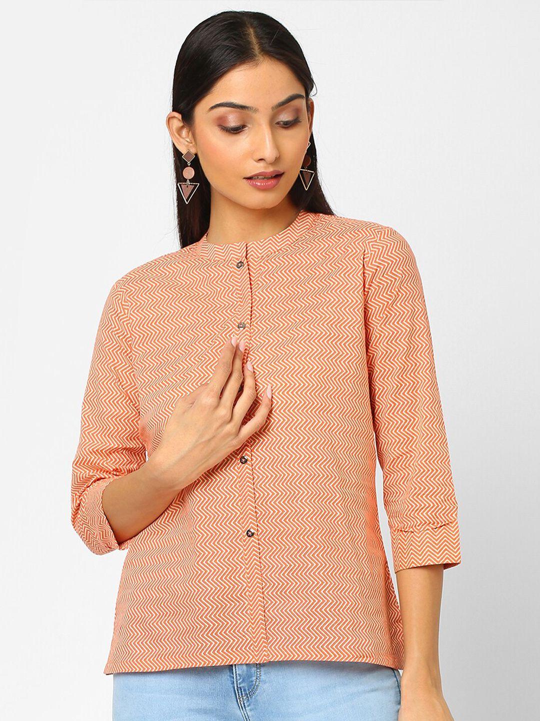 kami kubi peach-coloured printed shirt style pure cotton top