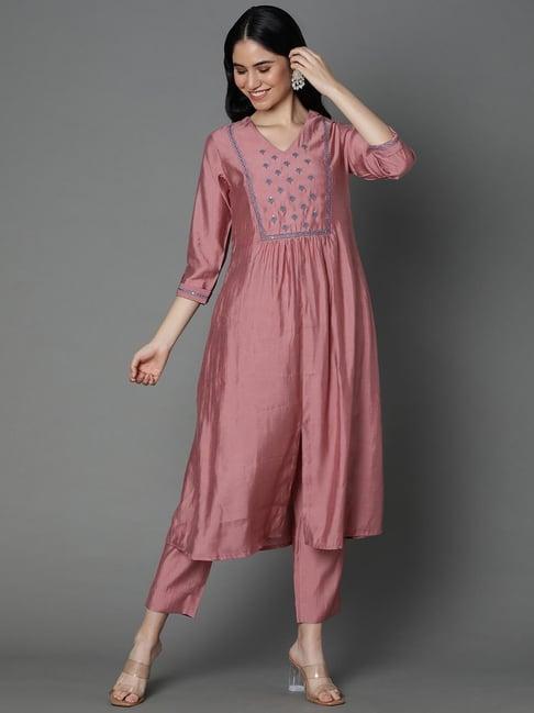 kami kubi pink embroidered a line kurta