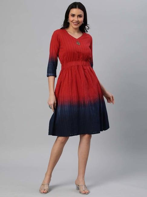 kami kubi red & blue cotton ombre pattern a-line dress