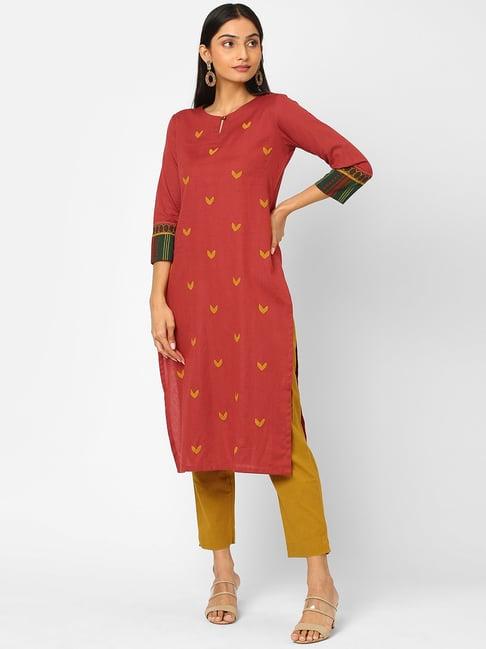 kami kubi red cotton embroidered straight kurta