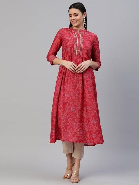 kami kubi red floral print a line kurta