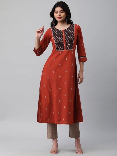 kami kubi rust embroidered a line kurta