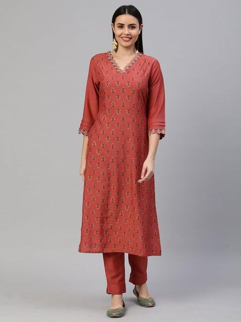 kami kubi rust floral print straight kurta