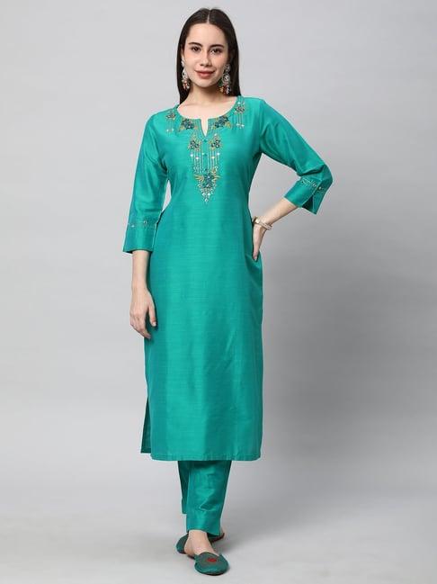 kami kubi teal embroidered straight kurta