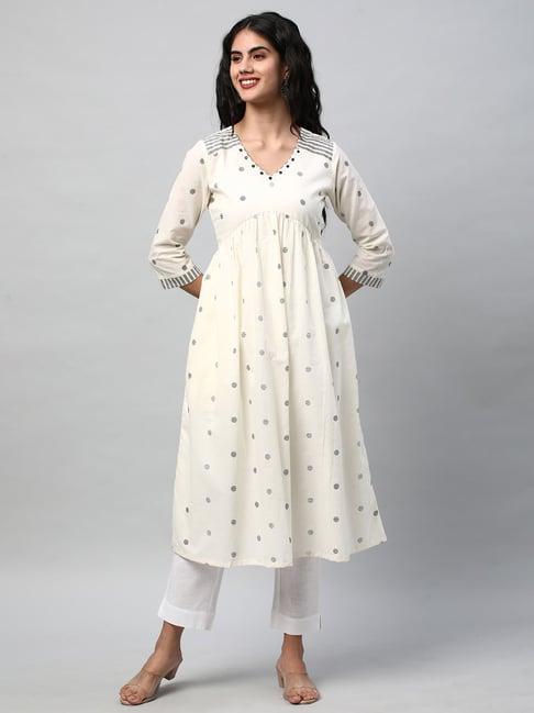 kami kubi white polka dots print a line kurta