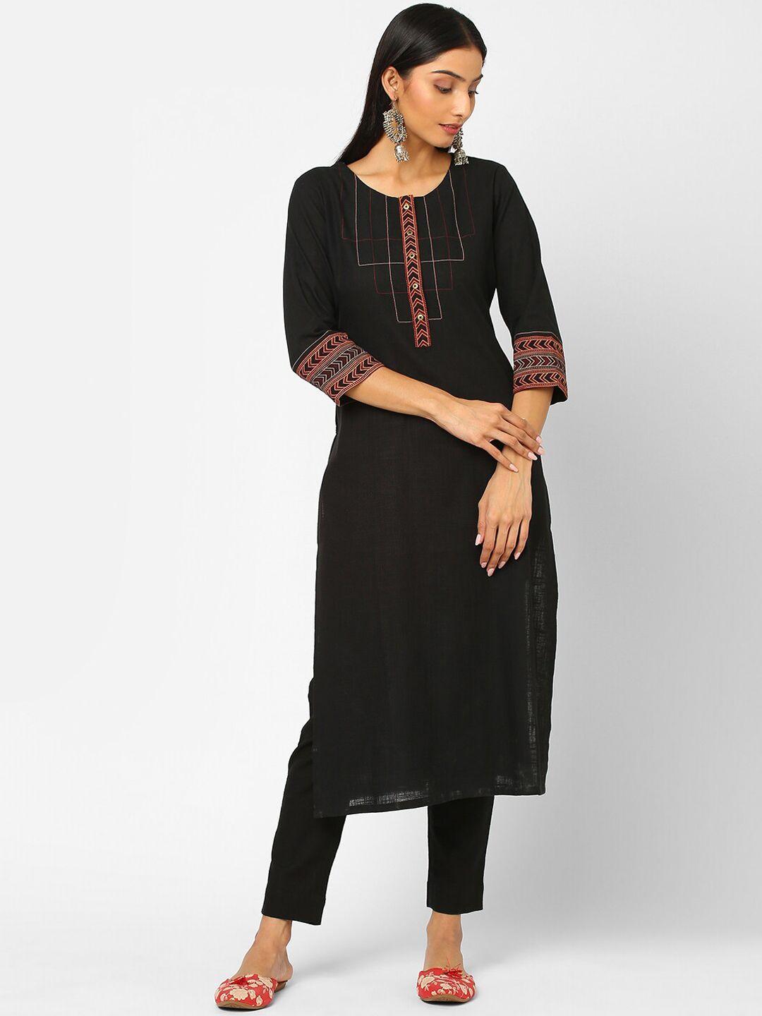 kami kubi women black yoke design keyhole neck flared sleeves thread work kurta