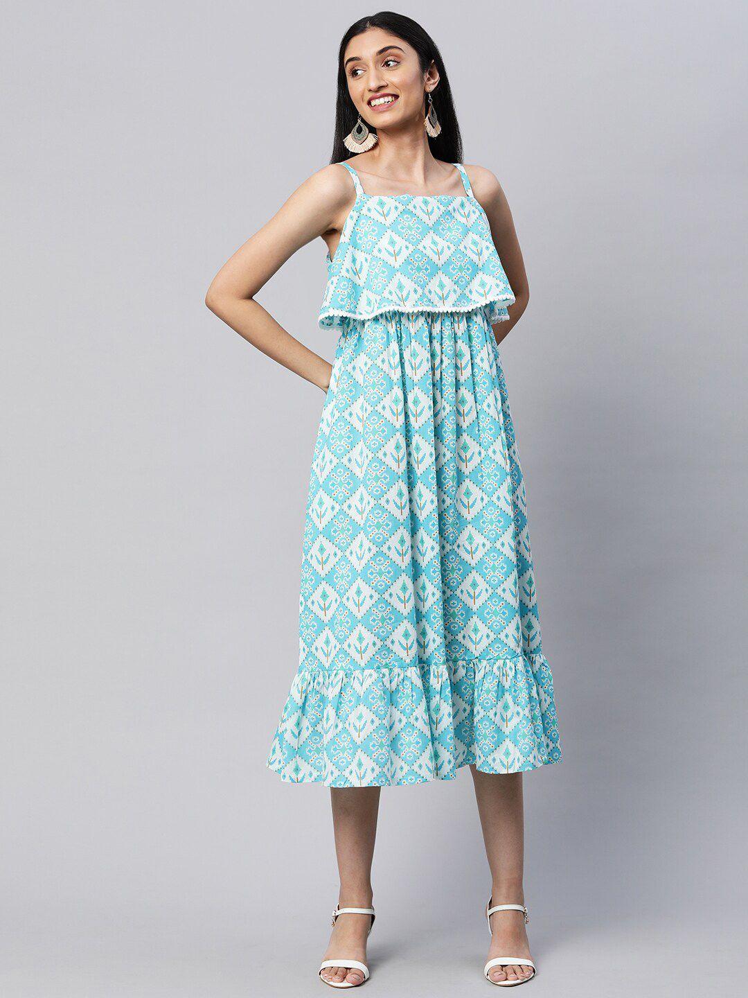 kami kubi women blue & white floral  shoulder straps cotton empire dress