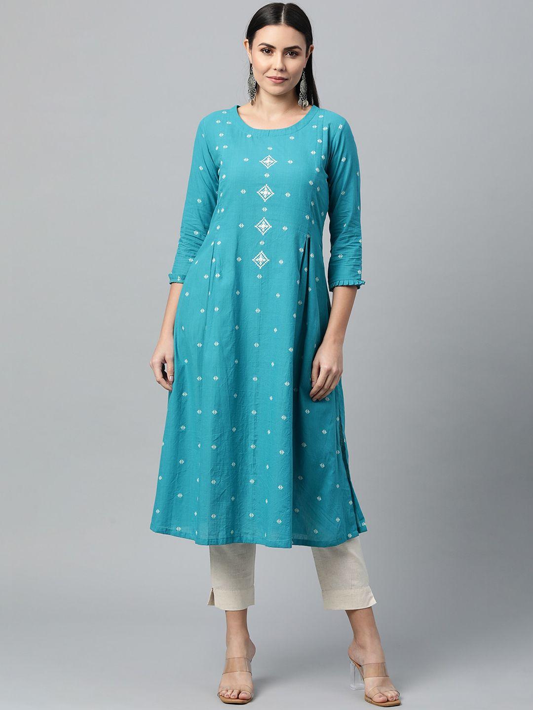 kami kubi women blue geometric embroidered pure cotton kurta