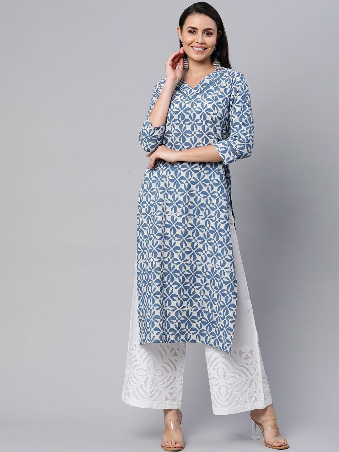 kami kubi women blue printed keyhole neck kurta