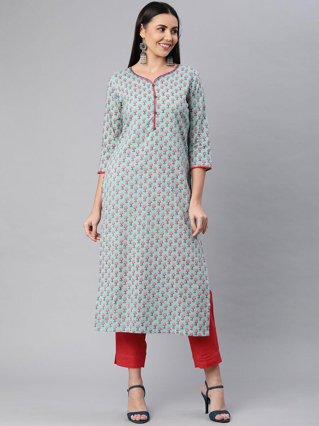 kami kubi women floral printed pure cotton kurta with trousers