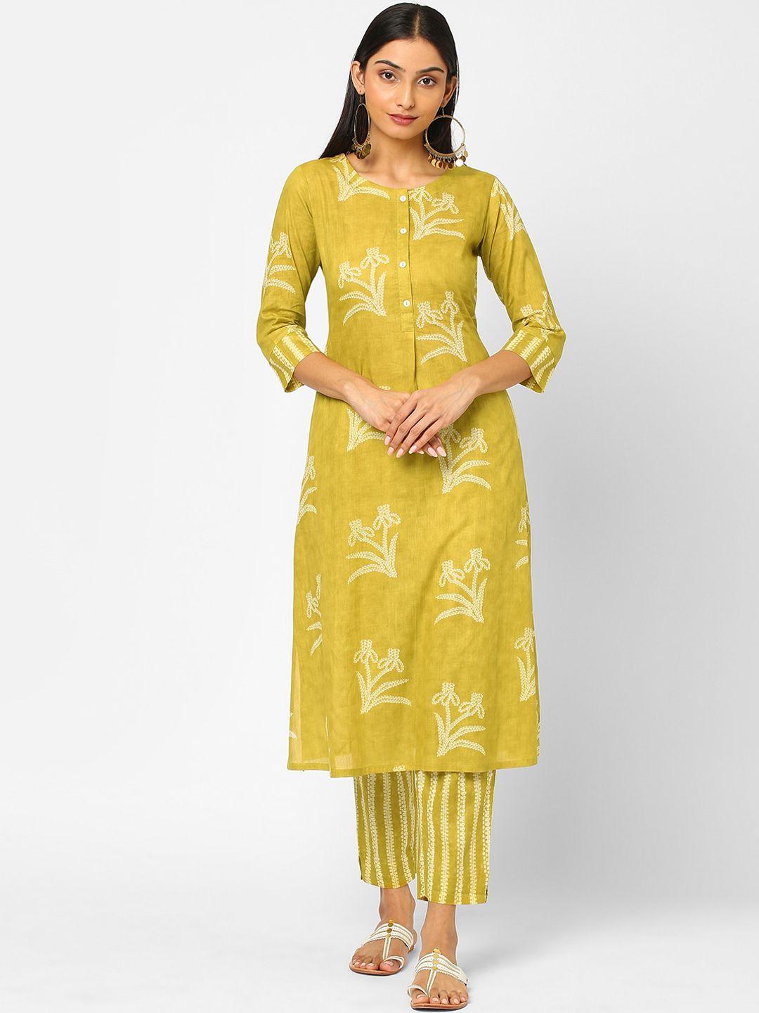 kami kubi women mustard yellow ethnic motifs printed pure cotton kurta with palazzos