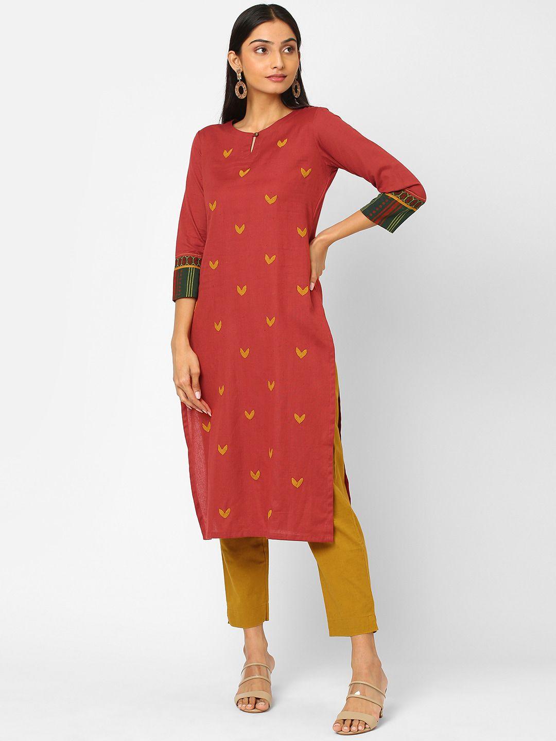 kami kubi women red & yellow applique work and ajrakh print cotton kurta