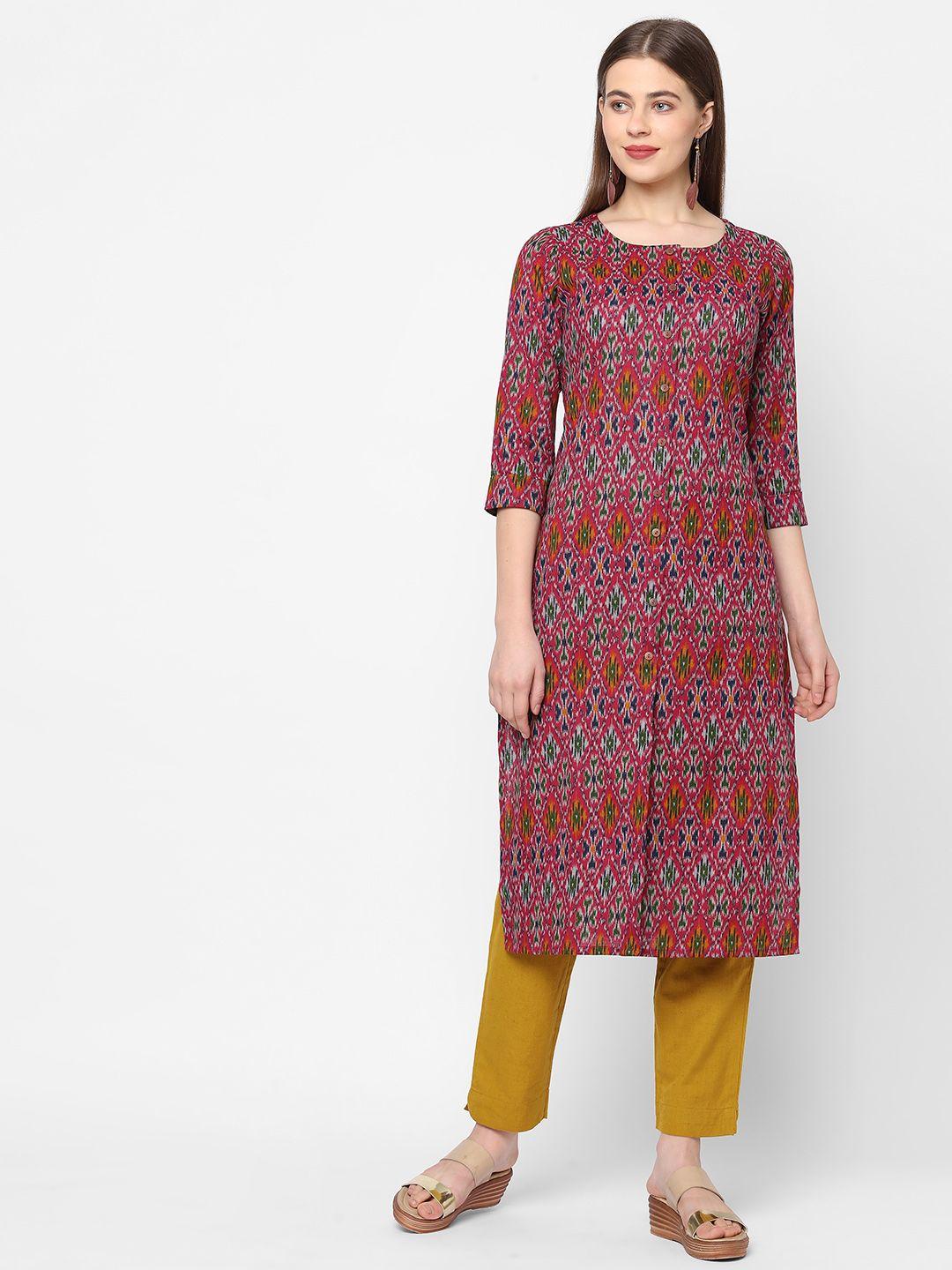 kami kubi women red & yellow ikat printed cotton kurta