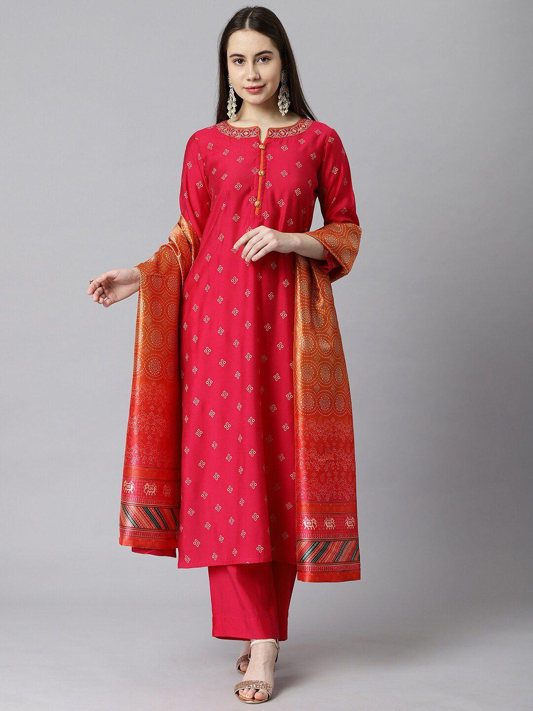 kami kubi women red geometric printed kurta with palazzos & dupatta