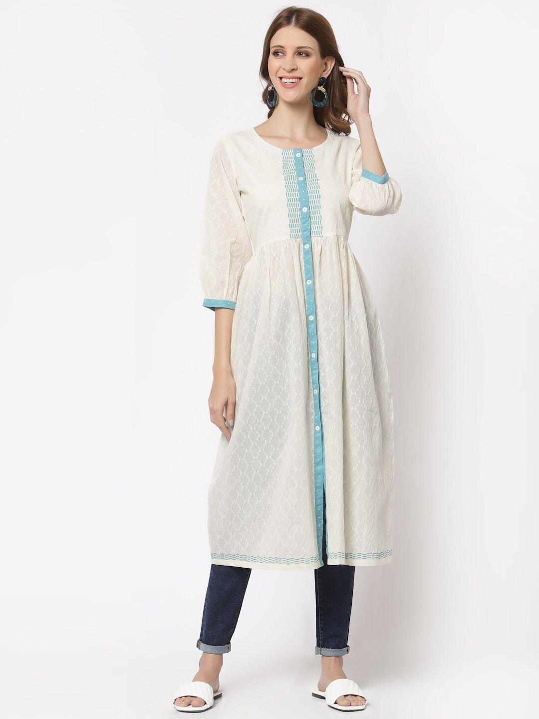 kami kubi women white & turquoise blue geometric striped anarkali cotton kurta