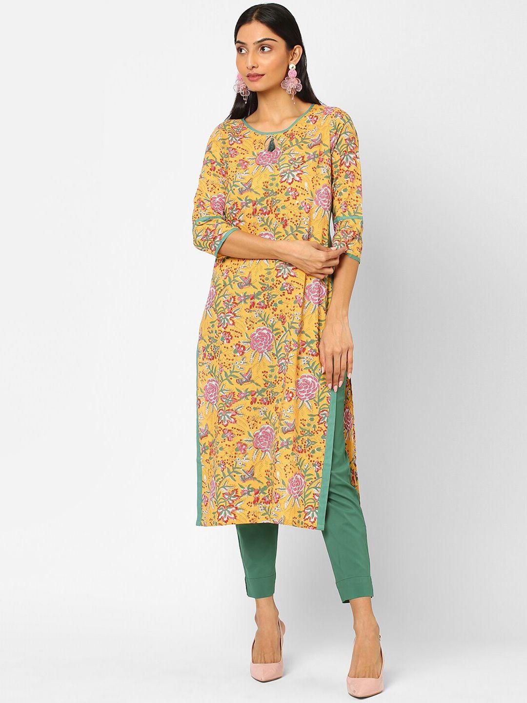 kami kubi women yellow floral printed keyhole neck kurta