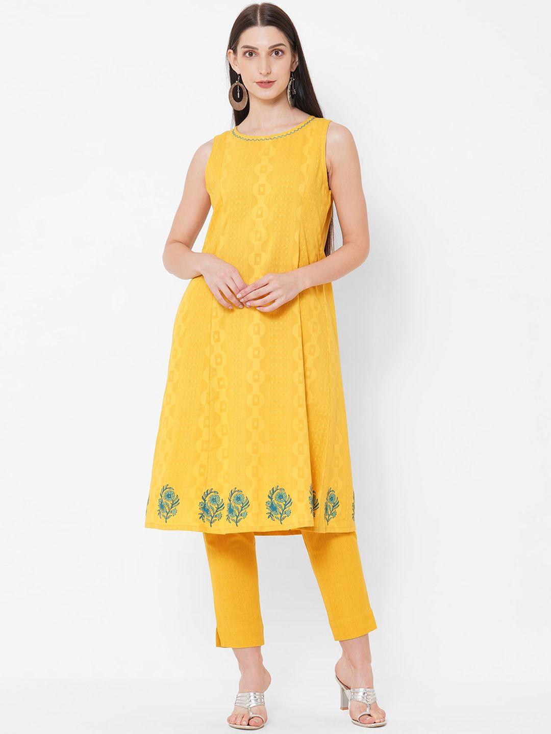 kami kubi women yellow panelled pure cotton kurti with trousers