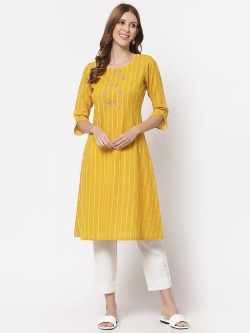 kami kubi yellow cotton embroidered a line kurta